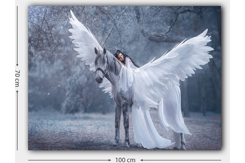 Canvastavla 70x100 cm - Kvinna med vingar som omfamnar ett grått häst med stora vita vingar - Vitt / Grått / Ljusblått - Inredning - Tavlor & konst - Canvastavlor