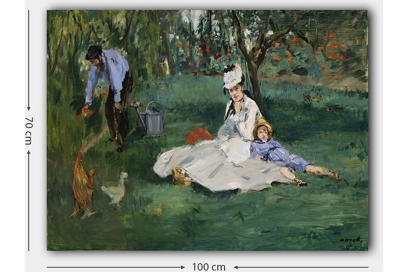 Canvastavla 70x100 cm - Kvinna och ett barn sitter på gräset medan en man vattnar blommor i en trädgård - Grön / Blå / Vit - Inredning - Tavlor & konst - Canvastavlor