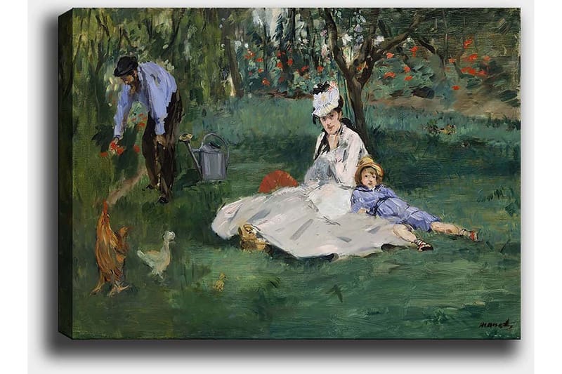 Canvastavla 70x100 cm - Kvinna och ett barn sitter på gräset medan en man vattnar blommor i en trädgård - Grön / Blå / Vit - Inredning - Tavlor & konst - Canvastavlor