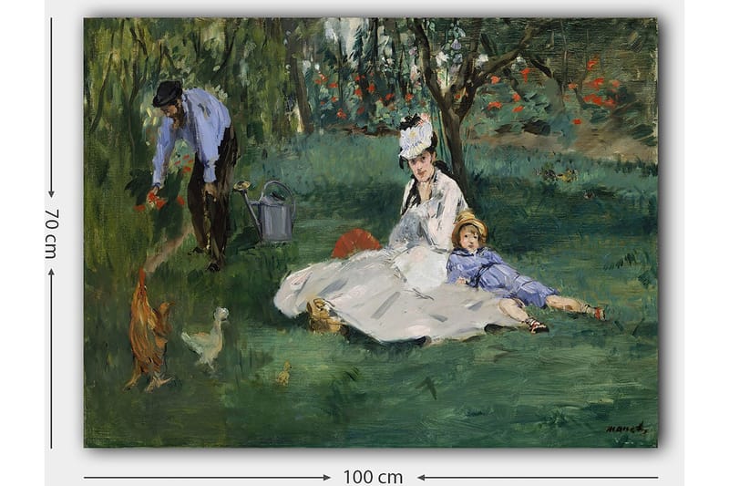 Canvastavla 70x100 cm - Kvinna och ett barn sitter på gräset medan en man vattnar blommor i en trädgård - Grön / Blå / Vit - Inredning - Tavlor & konst - Canvastavlor