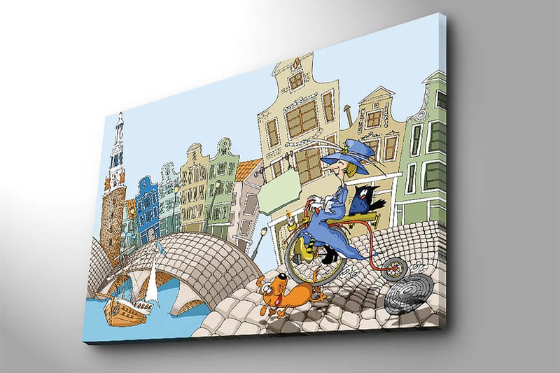 Canvastavla 70x100 cm - Kvinna på en cykel med en hund och en katt, omgiven av färgglada hus och en bro - Blå / Grön / Orange - Inredning - Tavlor & konst - Canvastavlor