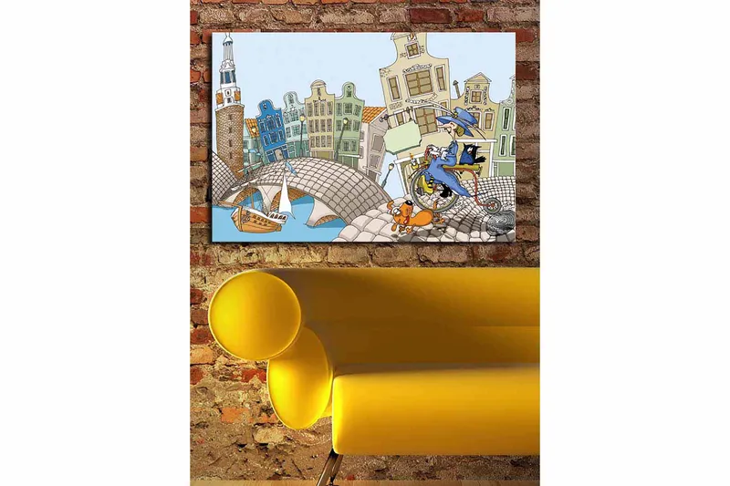 Canvastavla 70x100 cm - Kvinna på en cykel med en hund och en katt, omgiven av färgglada hus och en bro - Blå / Grön / Orange - Inredning - Tavlor & konst - Canvastavlor