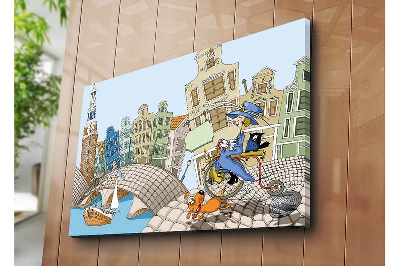 Canvastavla 70x100 cm - Kvinna på en cykel med en hund och en katt, omgiven av färgglada hus och en bro - Blå / Grön / Orange - Inredning - Tavlor & konst - Canvastavlor