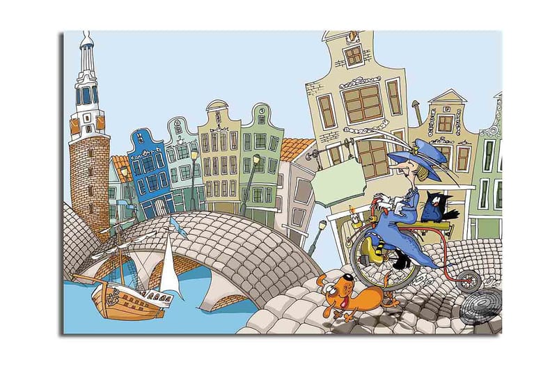 Canvastavla 70x100 cm - Kvinna på en cykel med en hund och en katt, omgiven av färgglada hus och en bro, Blå / Grön / Orange