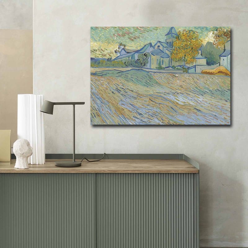 Canvastavla 70x100 cm - Landskapsmålning med hus och träd i en harmonisk och färgglad miljö - Blå / Gul / Grön - Inredning - Tavlor & konst - Canvastavlor