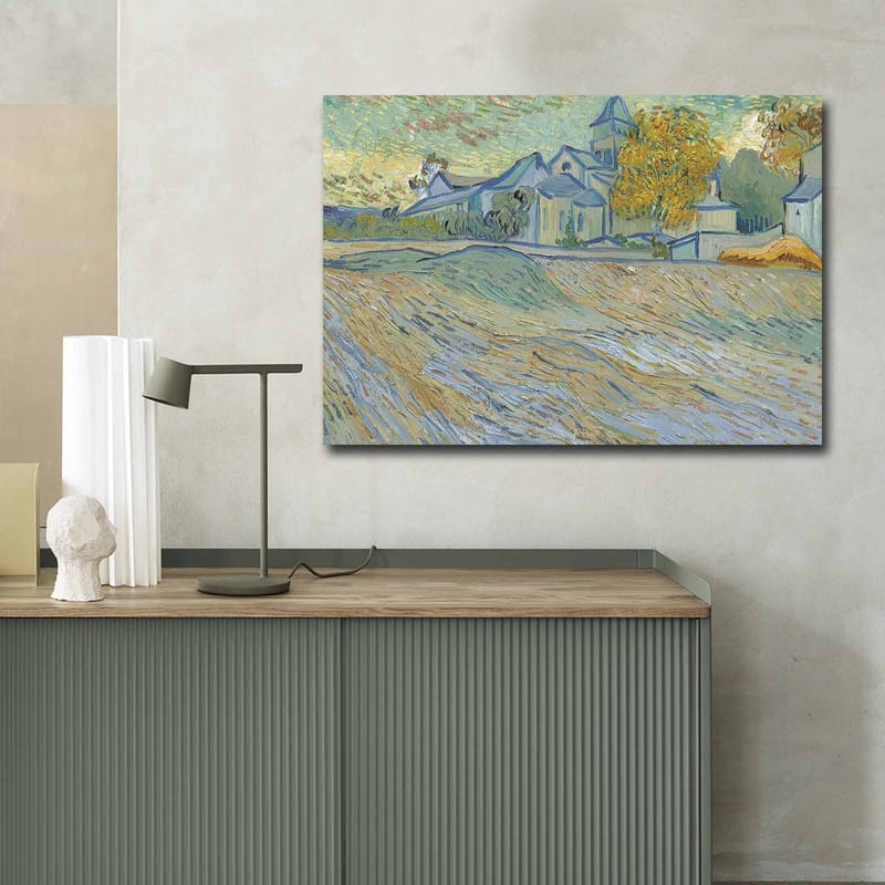 Canvastavla 70x100 cm - Landskapsmålning med hus och träd i en harmonisk och färgglad miljö - Blå / Gul / Grön - Inredning - Tavlor & konst - Canvastavlor