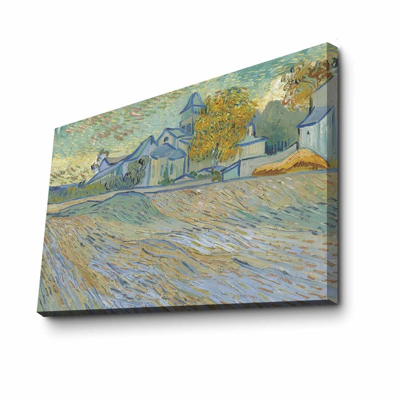 Canvastavla 70x100 cm - Landskapsmålning med hus och träd i en harmonisk och färgglad miljö - Blå / Gul / Grön - Inredning - Tavlor & konst - Canvastavlor