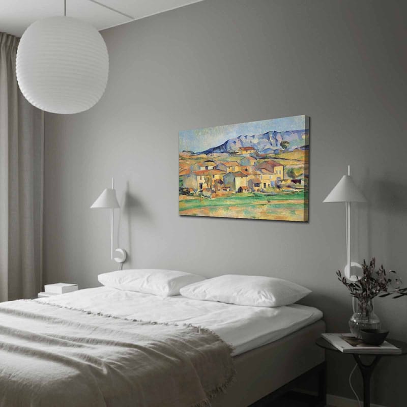 Canvastavla 70x100 cm - Landskapsmålning med pittoreska hus omgivna av gröna fält och berg i bakgrunden, Gult / Grönt / Blått