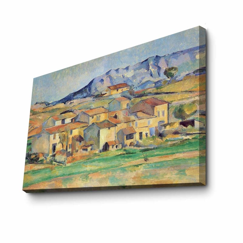 Canvastavla 70x100 cm - Landskapsmålning med pittoreska hus omgivna av gröna fält och berg i bakgrunden - Gult / Grönt / Blått - Inredning - Tavlor & konst - Canvastavlor