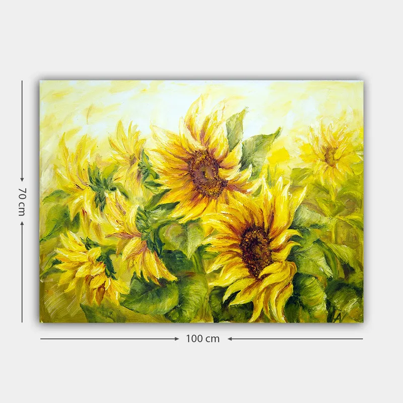 Canvastavla 70x100 cm - Livfull målning av solrosor i olika nyanser av gult och grönt - Gult / Grönt / Brunt - Inredning - Tavlor & konst - Canvastavlor