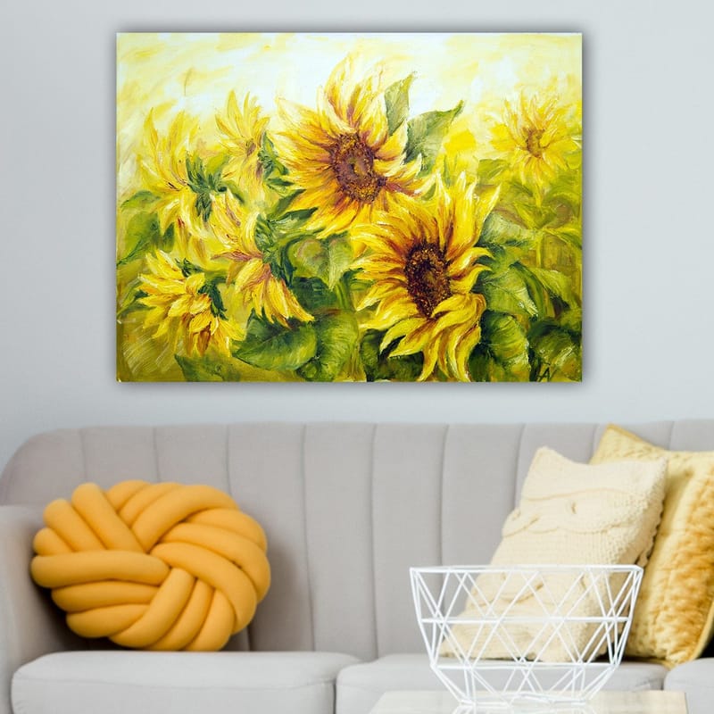 Canvastavla 70x100 cm - Livfull målning av solrosor i olika nyanser av gult och grönt - Gult / Grönt / Brunt - Inredning - Tavlor & konst - Canvastavlor