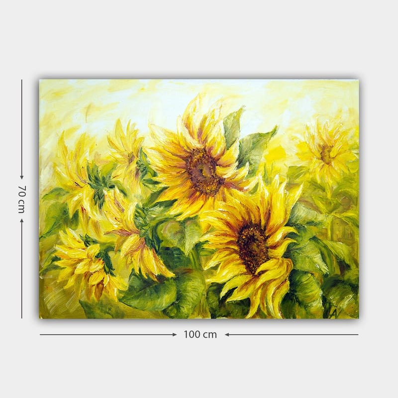 Canvastavla 70x100 cm - Livfull målning av solrosor i olika nyanser av gult och grönt - Gult / Grönt / Brunt - Inredning - Tavlor & konst - Canvastavlor