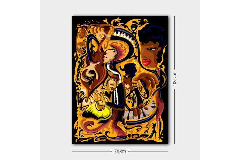 Canvastavla 70x100 cm - Livfull och dynamisk skildring av musiker som spelar olika instrument i en färgstark komposition - Guld / Svart / Röd - Inredning - Tavlor & konst - Canvastavlor