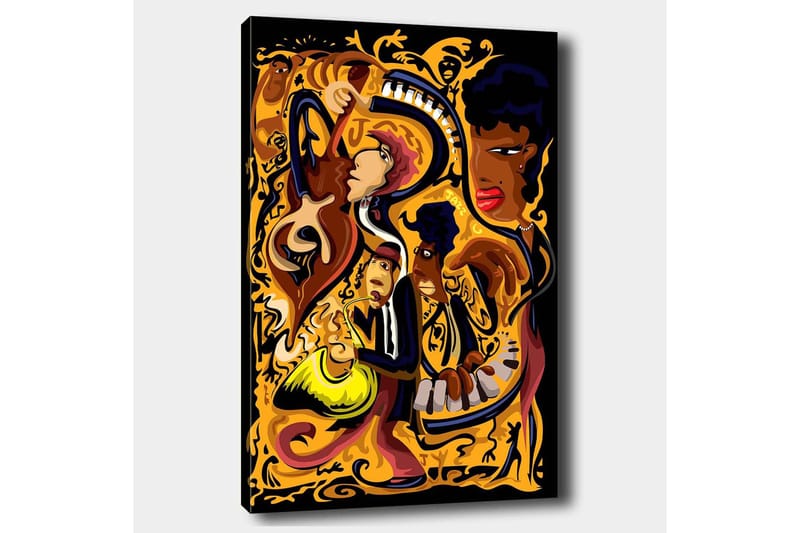Canvastavla 70x100 cm - Livfull och dynamisk skildring av musiker som spelar olika instrument i en färgstark komposition - Guld / Svart / Röd - Inredning - Tavlor & konst - Canvastavlor