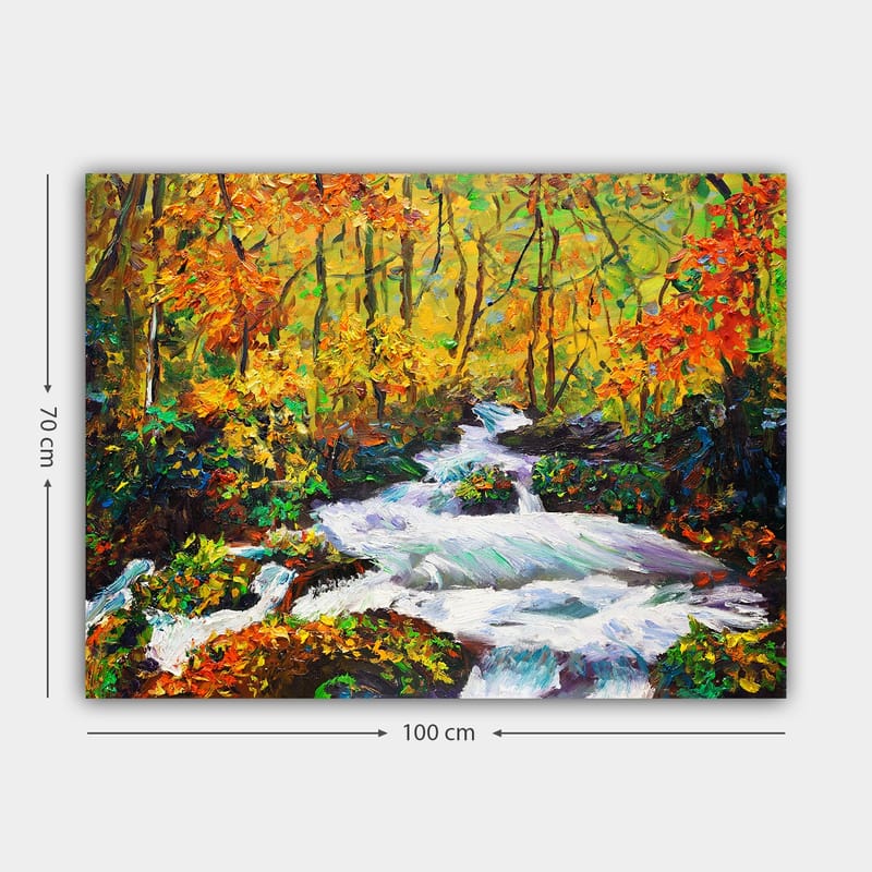 Canvastavla 70x100 cm - Livlig flod som rinner genom en färgsprakande höstskogslandskap - Orange / Grön / Vit - Inredning - Tavlor & konst - Canvastavlor