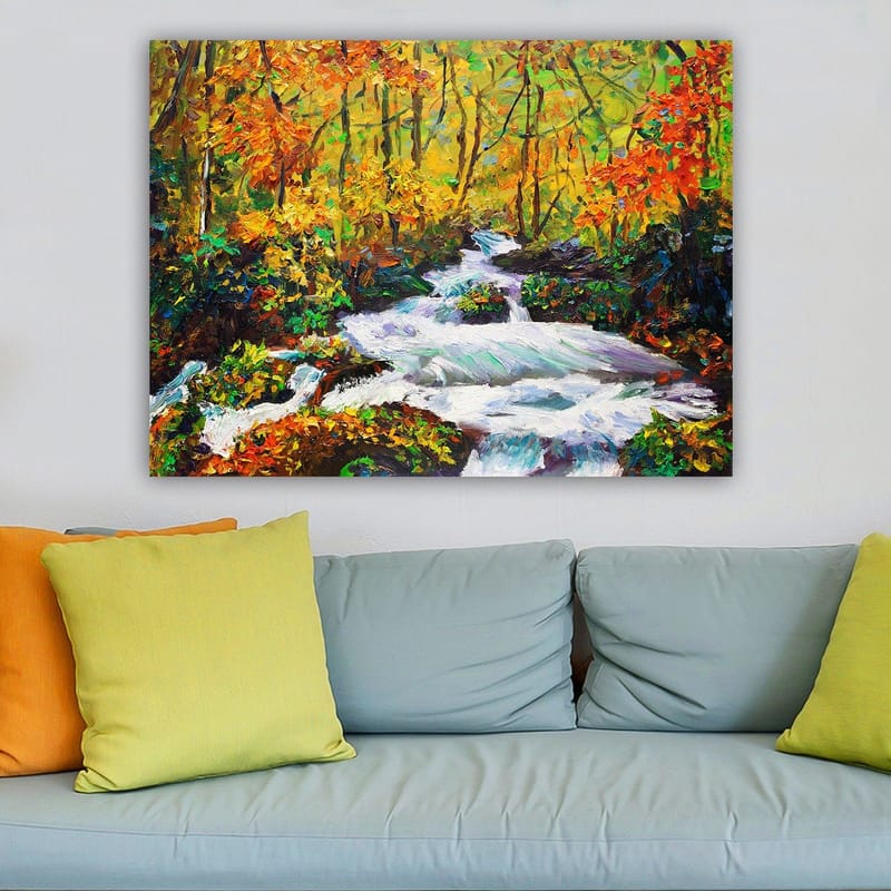 Canvastavla 70x100 cm - Livlig flod som rinner genom en färgsprakande höstskogslandskap - Orange / Grön / Vit - Inredning - Tavlor & konst - Canvastavlor