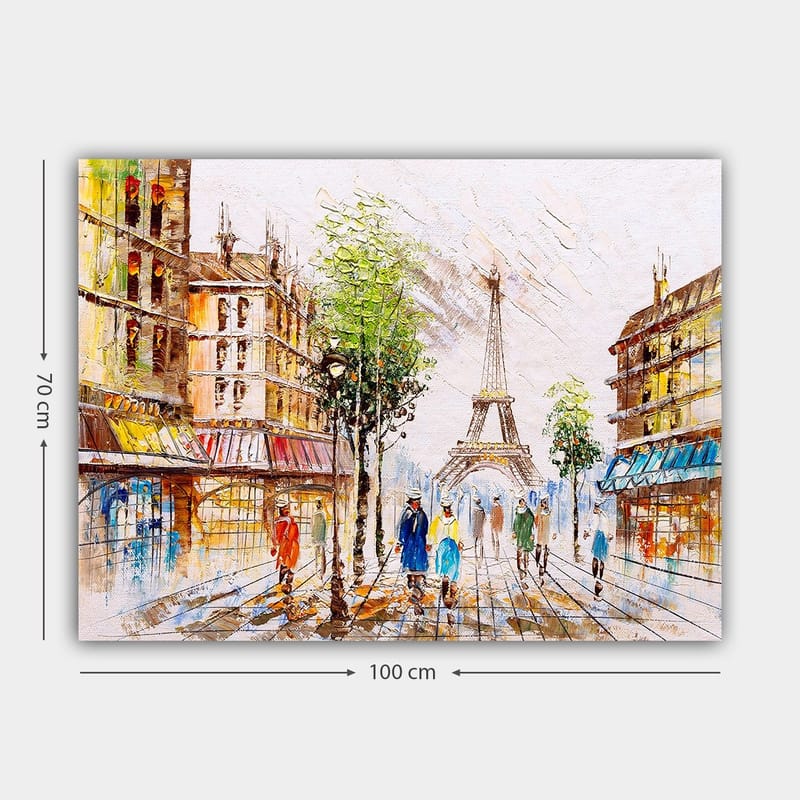 Canvastavla 70x100 cm - Livlig gata i Paris med Eiffeltornet i bakgrunden och människor som promenerar - Grön / Blå / Orange - Inredning - Tavlor & konst - Canvastavlor