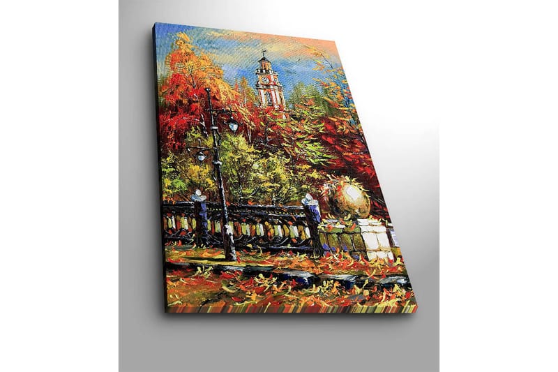 Canvastavla 70x100 cm - Livlig höstscen med en klocktorn i bakgrunden omgiven av färgglada träd och lampor - Röd / Orange / Grön - Inredning - Tavlor & konst - Canvastavlor