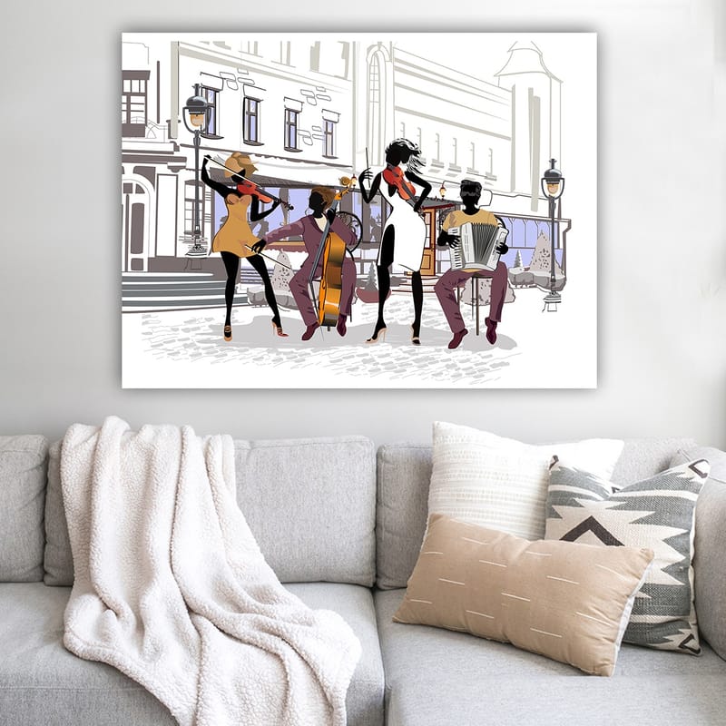 Canvastavla 70x100 cm - Livlig musikgrupp som spelar på en gata, med fokus på fyra musiker och deras instrument - Svart / Röd / Beige - Inredning - Tavlor & konst - Canvastavlor