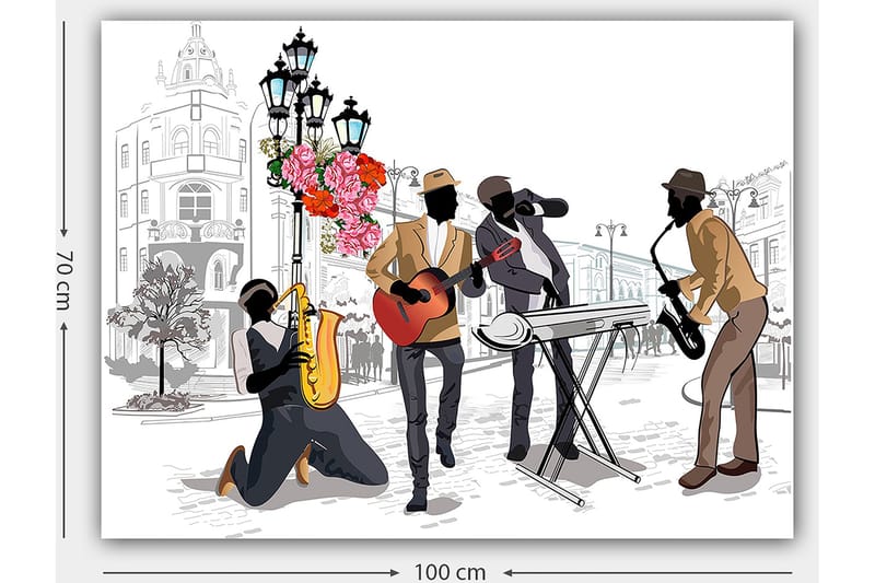 Canvastavla 70x100 cm - Livlig musikscen med fyra musiker som spelar olika instrument på en gata, omgiven av blommor och lampor - Mörkbrun / Röd / Svart - Inredning - Tavlor & konst - Canvastavlor