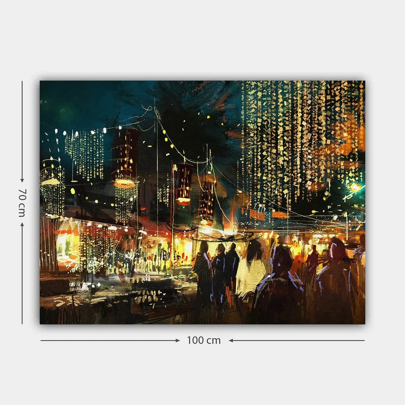 Canvastavla 70x100 cm - Livlig nattmarknad med människor och ljus som skapar en festlig atmosfär - Mörkblå / Guld / Röd - Inredning - Tavlor & konst - Canvastavlor