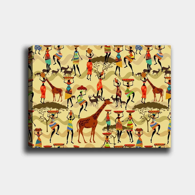 Canvastavla 70x100 cm - Livlig och färgglad scen med människor i traditionella kläder som dansar och interagerar med djur i en afrikansk miljö, Röd / Brun / Grön