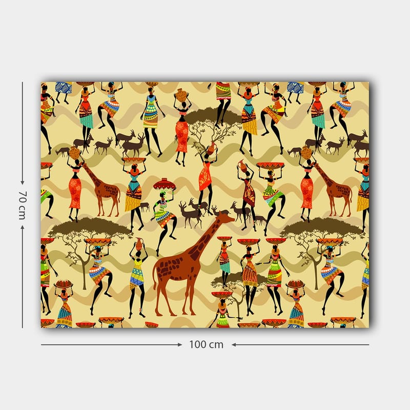 Canvastavla 70x100 cm - Livlig och färgglad scen med människor i traditionella kläder som dansar och interagerar med djur i en afrikansk miljö - Röd / Brun / Grön - Inredning - Tavlor & konst - Canvastavlor