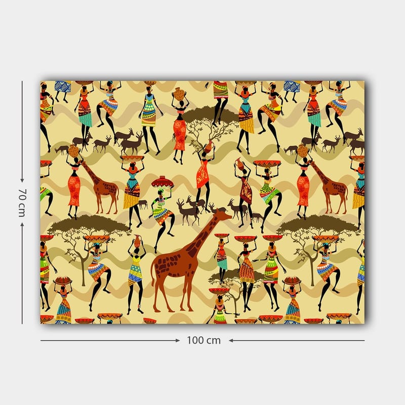 Canvastavla 70x100 cm - Livlig och färgglad scen med människor i traditionella kläder som dansar och interagerar med djur i en afrikansk miljö - Röd / Brun / Grön - Inredning - Tavlor & konst - Canvastavlor