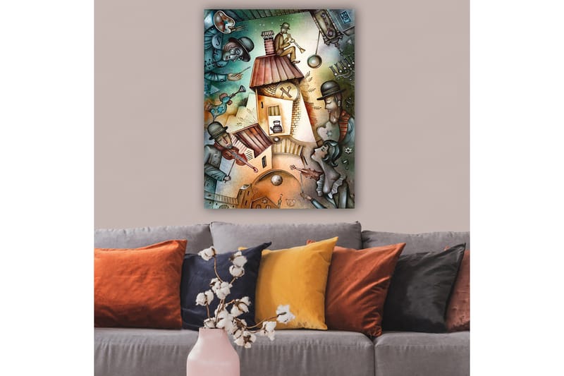 Canvastavla 70x100 cm - Livlig scen med musiker och en karaktär som spelar trumpet på taket av ett hus - Grön / Brun / Blå - Inredning - Tavlor & konst - Canvastavlor