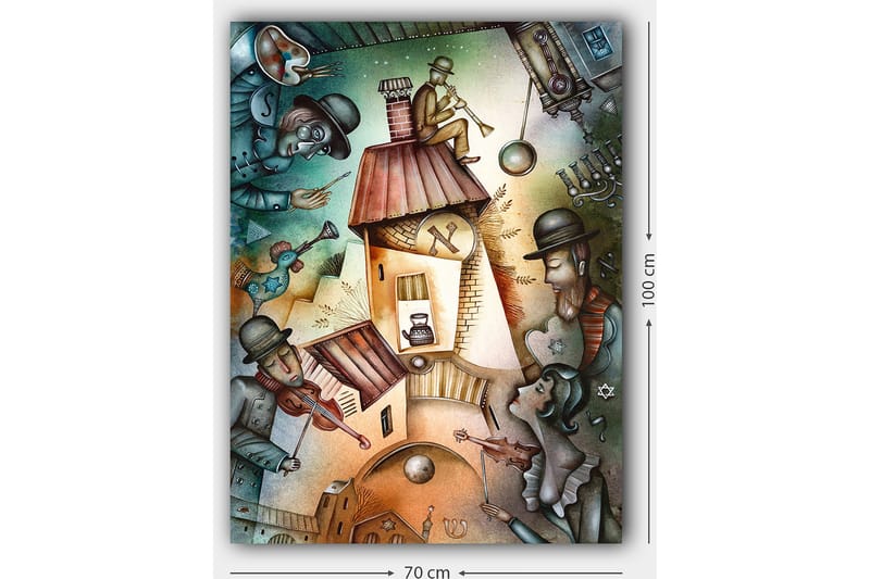 Canvastavla 70x100 cm - Livlig scen med musiker och en karaktär som spelar trumpet på taket av ett hus - Grön / Brun / Blå - Inredning - Tavlor & konst - Canvastavlor