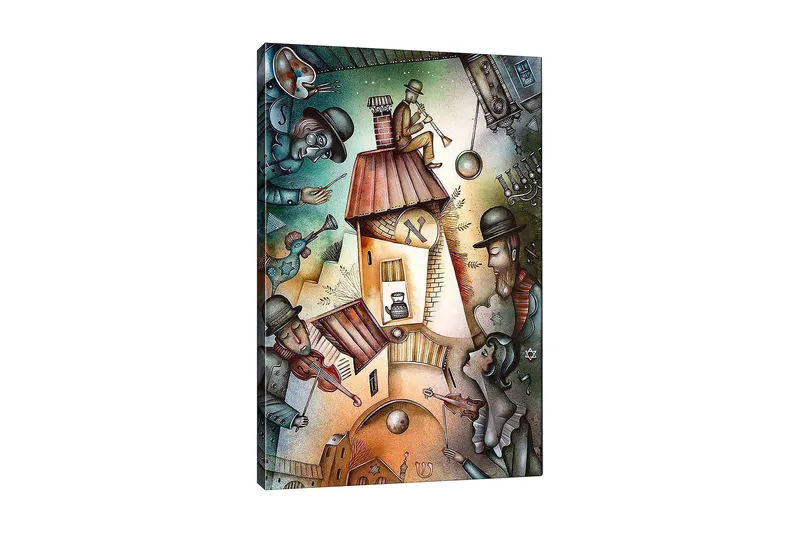 Canvastavla 70x100 cm - Livlig scen med musiker och en karaktär som spelar trumpet på taket av ett hus - Grön / Brun / Blå - Inredning - Tavlor & konst - Canvastavlor