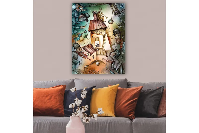 Canvastavla 70x100 cm - Livlig scen med musiker och en karaktär som spelar trumpet på taket av ett hus - Grön / Brun / Blå - Inredning - Tavlor & konst - Canvastavlor