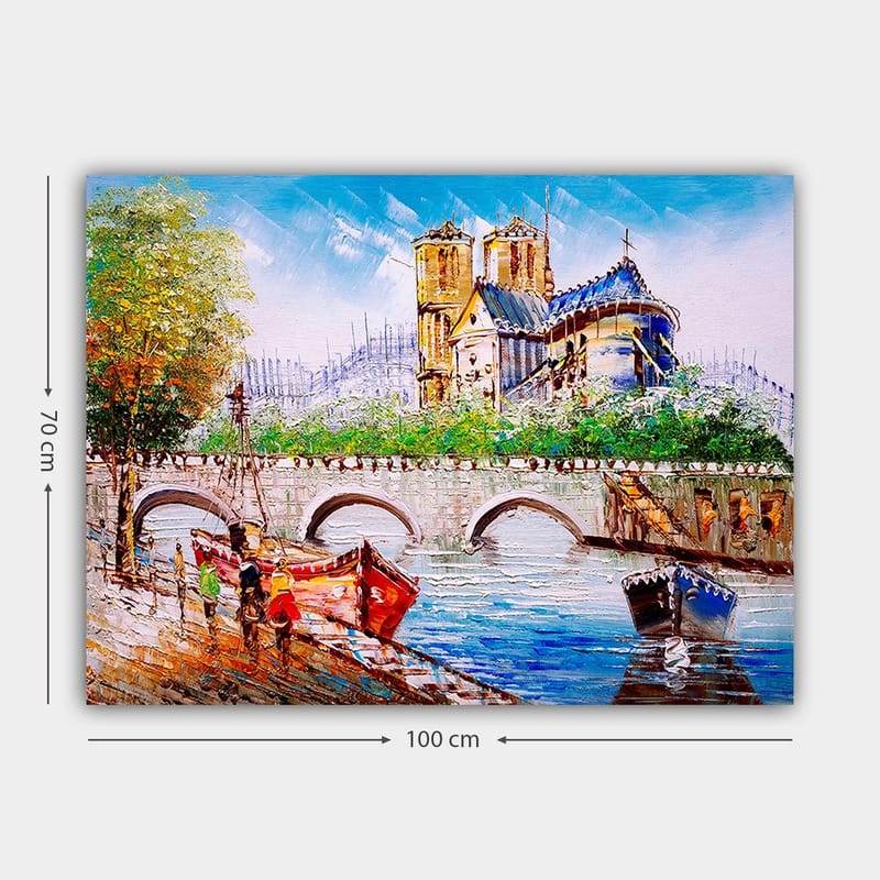 Canvastavla 70x100 cm - Livlig scen vid en bro med färgglada båtar och en imponerande byggnad i bakgrunden - Blå / Röd / Grön - Inredning - Tavlor & konst - Canvastavlor