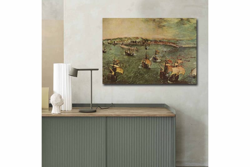 Canvastavla 70x100 cm - Livlig sjöscen med flera segelbåtar som navigerar genom vattnet - Grön / Brun / Beige - Inredning - Tavlor & konst - Canvastavlor