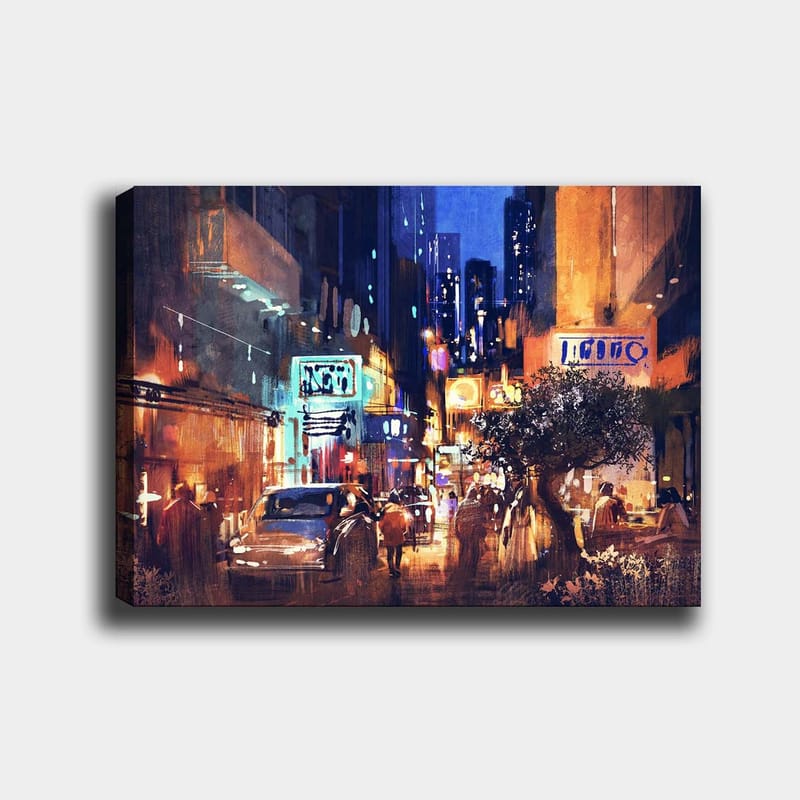 Canvastavla 70x100 cm - Livlig stadsbild med bilar och människor som rör sig genom en nattlig gata, omgiven av neonskyltar och höga byggnader - Mörkblå / Orange / Grön - Inredning - Tavlor & konst - Canvastavlor
