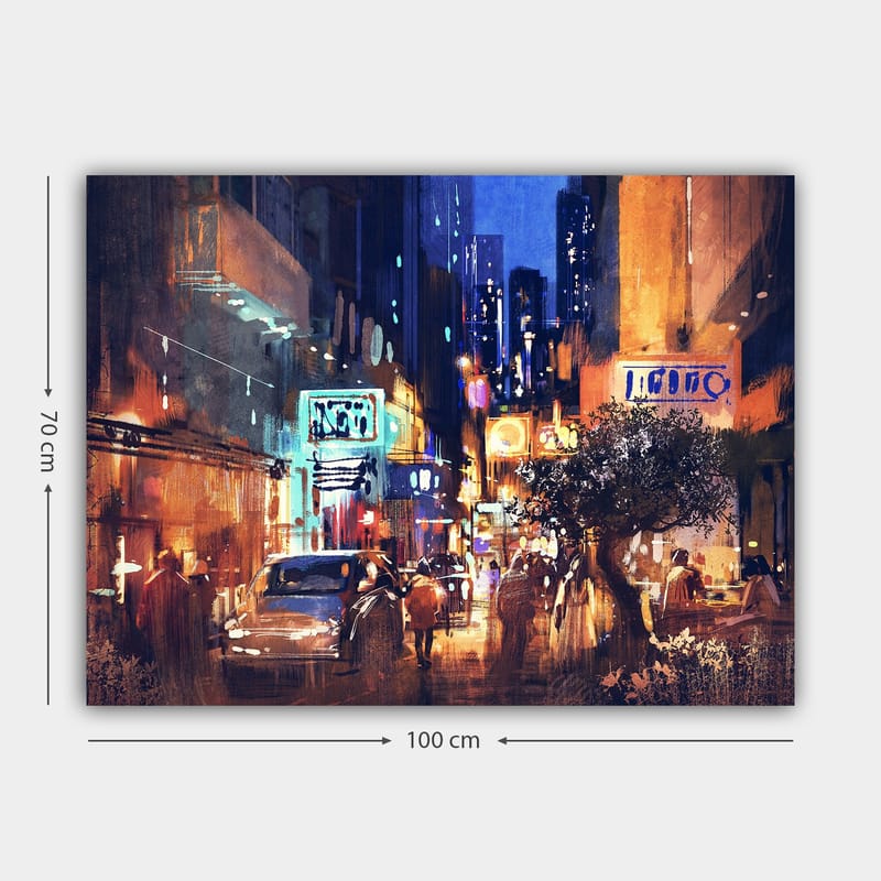 Canvastavla 70x100 cm - Livlig stadsbild med bilar och människor som rör sig genom en nattlig gata, omgiven av neonskyltar och höga byggnader - Mörkblå / Orange / Grön - Inredning - Tavlor & konst - Canvastavlor