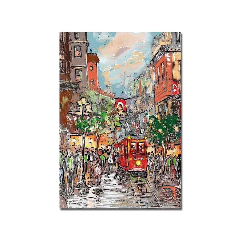 Canvastavla 70x100 cm - Livlig stadsbild med en röd spårvagn som färdas genom en regnig gata, omgiven av människor och träd - Röd / Grön / Brun - Inredning - Tavlor & konst - Canvastavlor