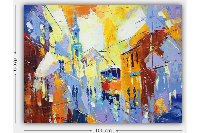 Canvastavla 70x100 cm - Livlig stadsbild med en spårvagn som rör sig genom en färgglad gata - Gul / Blå / Orange - Inredning - Tavlor & konst - Canvastavlor