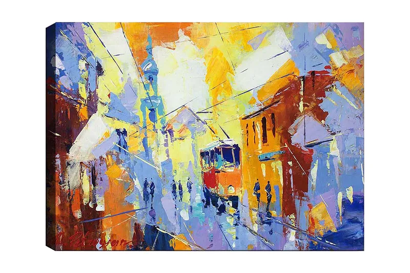 Canvastavla 70x100 cm - Livlig stadsbild med en spårvagn som rör sig genom en färgglad gata, Gul / Blå / Orange