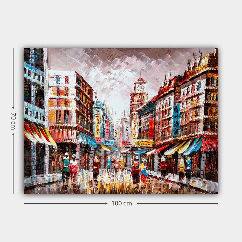 Canvastavla 70x100 cm - Livlig stadsbild med färgglada byggnader och människor som promenerar på en regnig gata - Röd / Blå / Gul - Inredning - Tavlor & konst - Canvastavlor