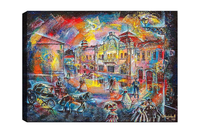 Canvastavla 70x100 cm - Livlig stadsbild med människor i historiska kläder som promenerar på en gata med vackra byggnader och hästdragna vagnar - Blå / Röd / Gul - Inredning - Tavlor & konst - Canvastavlor