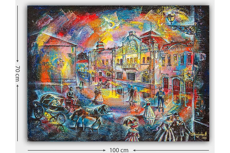 Canvastavla 70x100 cm - Livlig stadsbild med människor i historiska kläder som promenerar på en gata med vackra byggnader och hästdragna vagnar - Blå / Röd / Gul - Inredning - Tavlor & konst - Canvastavlor