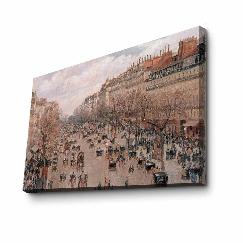 Canvastavla 70x100 cm - Livlig stadsbild med människor och hästdragna vagnar på en gata omgiven av träd och byggnader - Ljusrosa / Beige / Mörkgrön - Inredning - Tavlor & konst - Canvastavlor