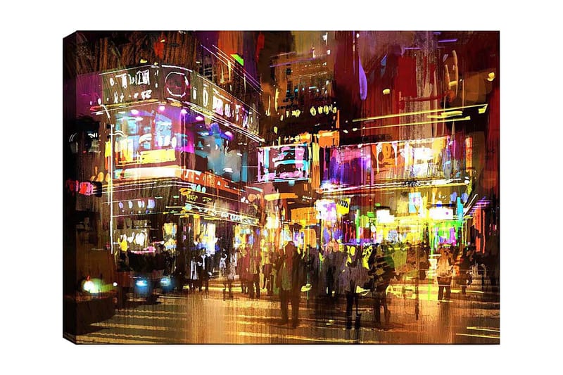 Canvastavla 70x100 cm - Livlig stadsbild med människor som rör sig bland färgglada neonskyltar och ljus - Lila / Gul / Grön - Inredning - Tavlor & konst - Canvastavlor