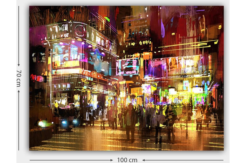 Canvastavla 70x100 cm - Livlig stadsbild med människor som rör sig bland färgglada neonskyltar och ljus - Lila / Gul / Grön - Inredning - Tavlor & konst - Canvastavlor