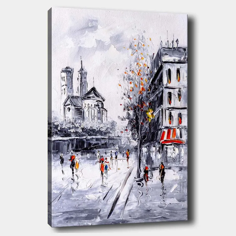 Canvastavla 70x100 cm - Livlig stadsbild med människor som promenerar framför en kyrka och byggnader i en höstlig miljö, Grå / Orange / Svart