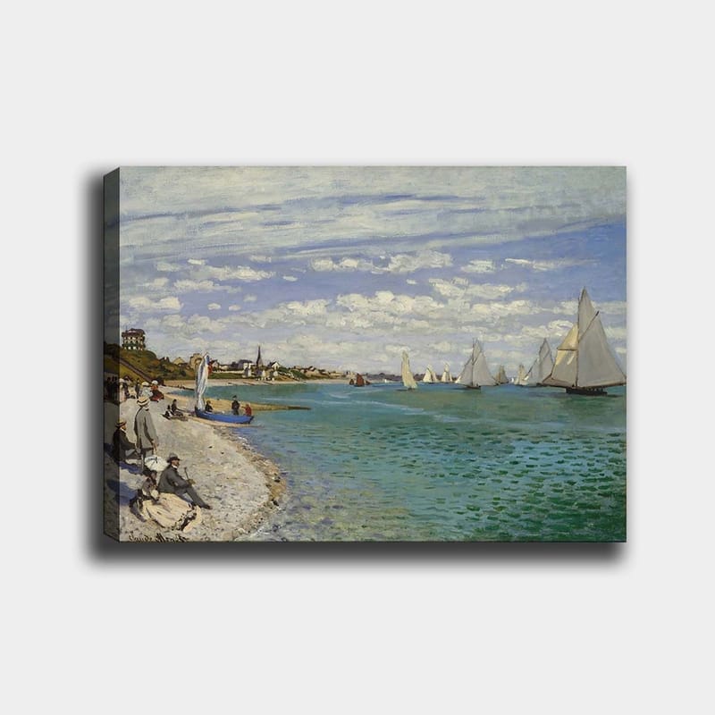 Canvastavla 70x100 cm - Livlig strandscen med segelbåtar som glider fram över vattnet, Blå / Vit / Grön