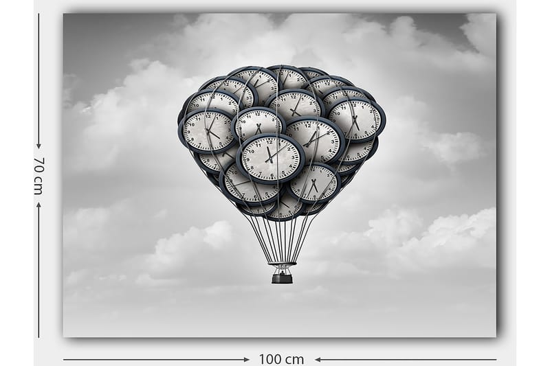 Canvastavla 70x100 cm - Luftballong formad av klockor som svävar i en drömlik himmel - Grå / Svart / Vit - Inredning - Tavlor & konst - Canvastavlor