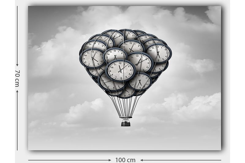 Canvastavla 70x100 cm - Luftballong formad av klockor som svävar i en drömlik himmel - Grå / Svart / Vit - Inredning - Tavlor & konst - Canvastavlor