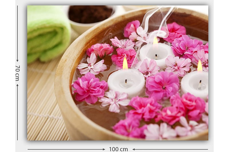 Canvastavla 70x100 cm - Lugn och avkopplande skål med flytande blommor och ljus - Rosa / Vit / Gul - Inredning - Tavlor & konst - Canvastavlor